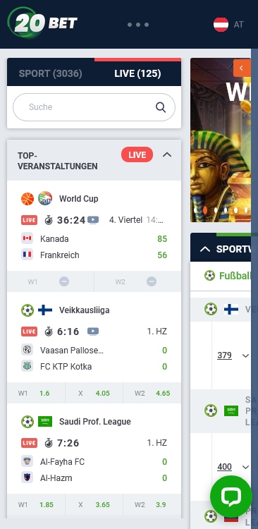 Beispiel für verfügbare Sportereignisse