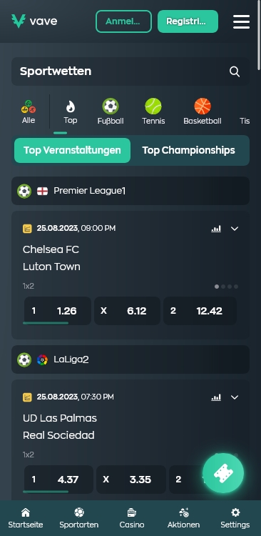 Ein Screenshot der mobilen Anwendung auf der Registerkarte Sportwetten