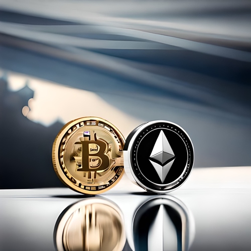 Ein Stück BTC und ein weiteres Stück ETH auf einem Schreibtisch